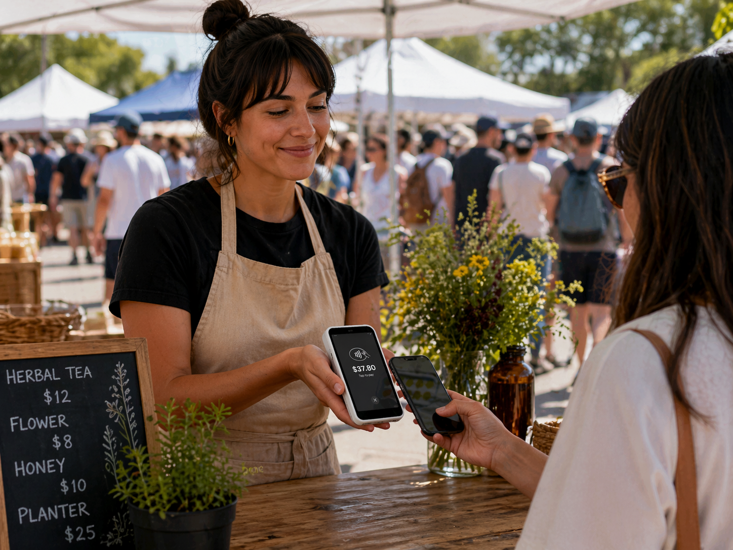 Customer tapping card on OneTill device at a busy outdoor market