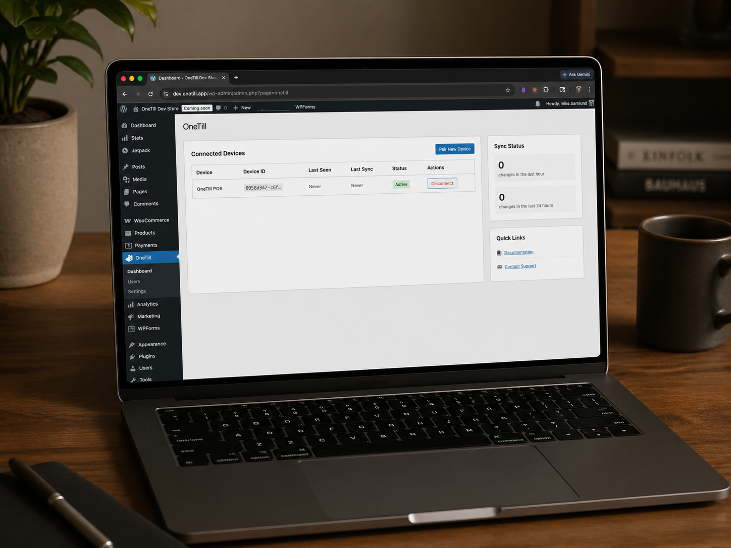 The OneTill companion plugin in the WordPress admin