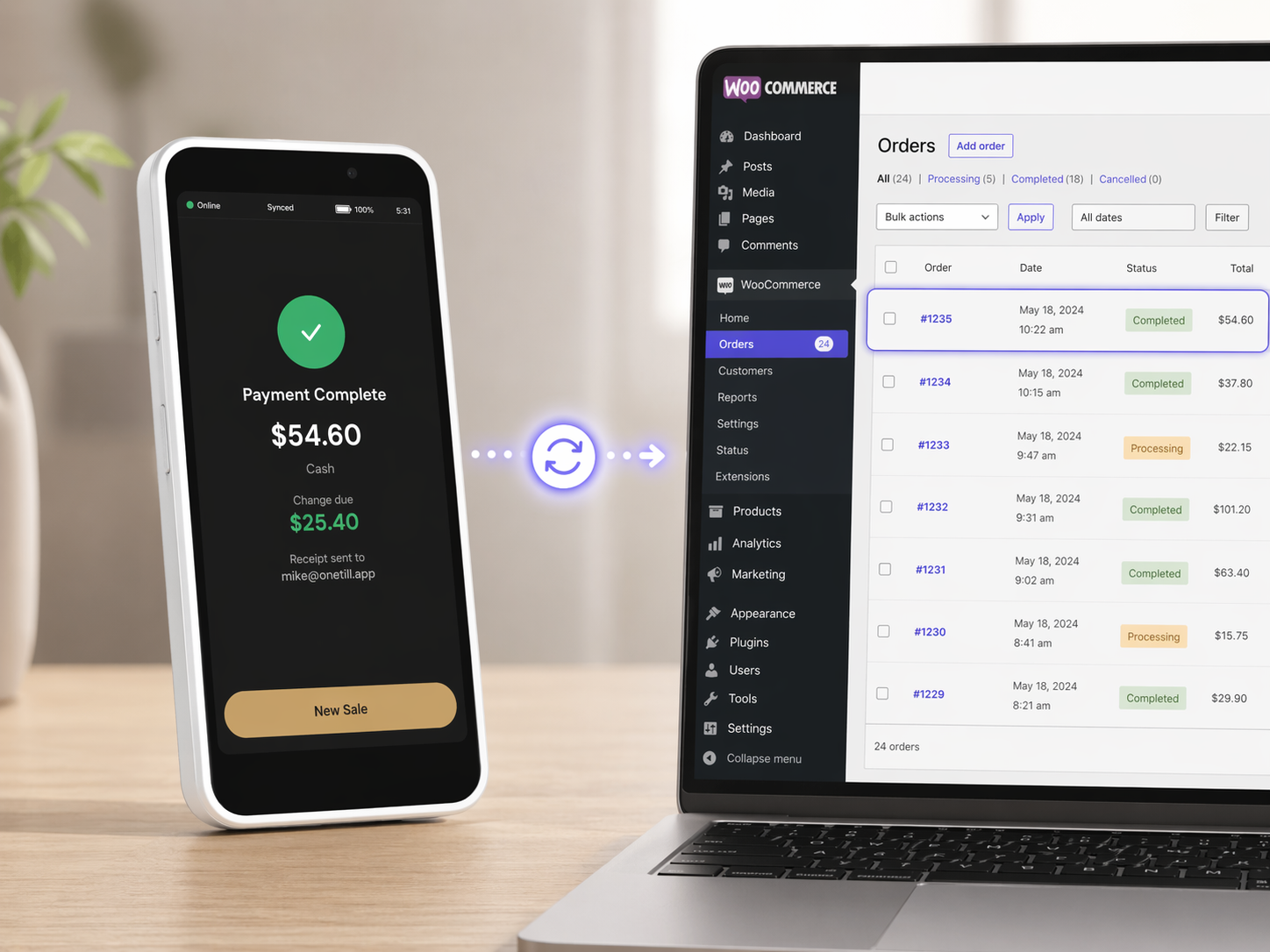 OneTill device syncing sales in real time with WooCommerce dashboard